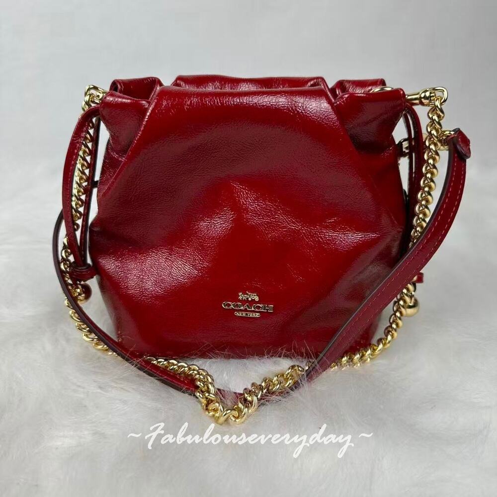Coach Faye Mini Drawstring Bag In Crinkle Leather/Gold/Dark Cardinal CDB68 NWT